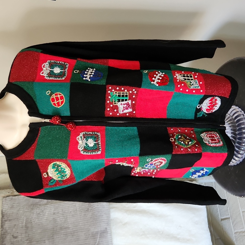 Vintage Victoria Jones Christmas Sweater Cardigan Patchwork Ornaments